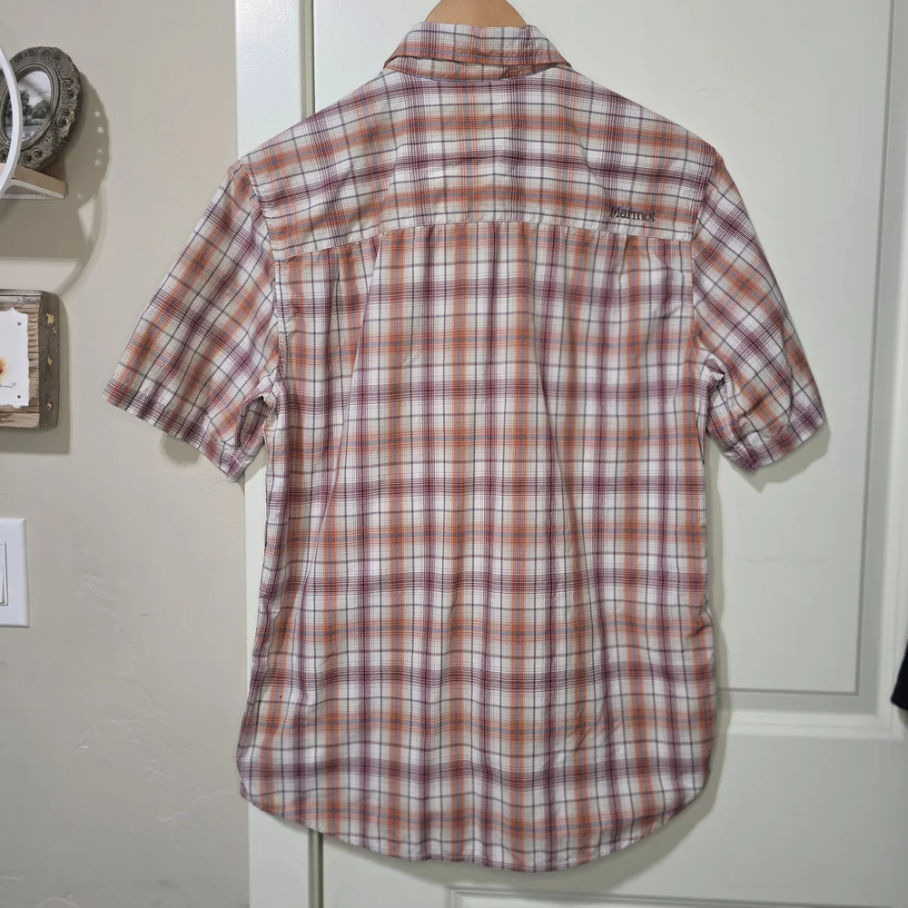 Marmot Men's Plaid Short Sleeve Button-Up Shirt Orange White Small - Picture 2 of 7